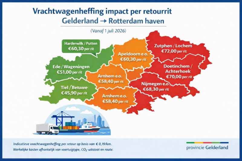 Impact vrachtwagenheffing 2026 Gelderland Rotterdam kosten per regio kaart